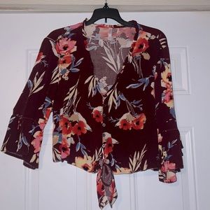 Xhilaration Burgundy floral top with buttons and front tie. Size XXL